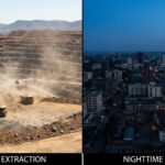 high-contrast photo showing a bright, busy industrial mine during the day juxtaposed with a dark, unlit city neighborhood at night experiencing a total power failure.