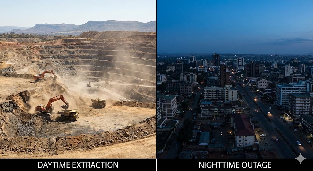 high-contrast photo showing a bright, busy industrial mine during the day juxtaposed with a dark, unlit city neighborhood at night experiencing a total power failure.