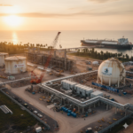 An aerial view of a large, modern LNG plant in Mozambique with active construction cranes, storage tanks, and a gas tanker ship at a pier during a sunrise.
