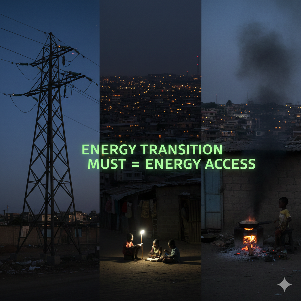 A three-part composite image showing a broken power line, children studying by a small lamp in the dark, and a person cooking over an open fire, with text emphasizing the need for energy access.