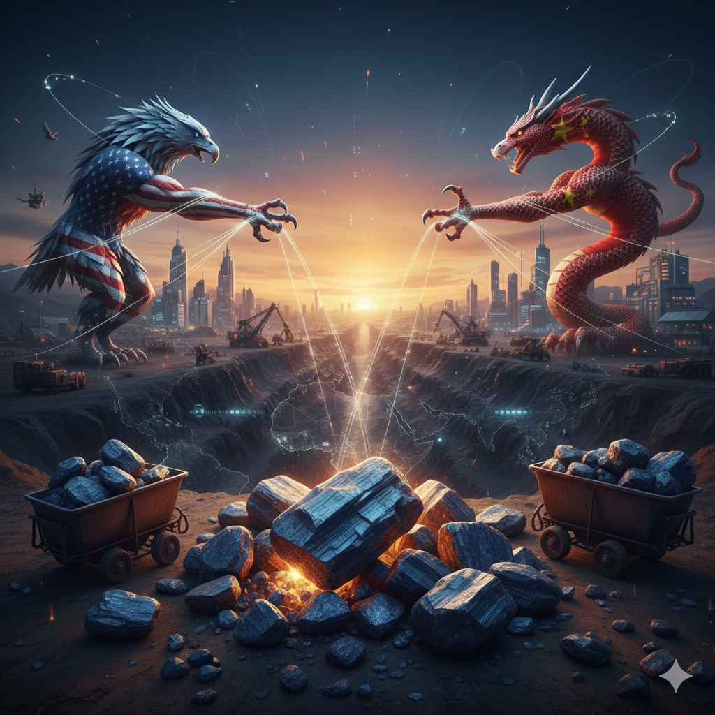 A cinematic illustration featuring a large American bald eagle with U.S. flag patterns on its wings and a red Chinese dragon with gold stars, facing off over a pile of glowing blue and silver lithium-style minerals in a deep African mining trench.
