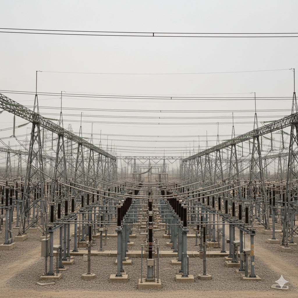 A wide, industrial-style photo of a crowded high-voltage substation with a complex web of power lines and steel towers under a grey sky.