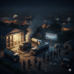 A nighttime scene showing diesel trucks fueling a large generator next to a bank, with a digital sign showing a financial deficit and a fuel tanker ship in the harbor.