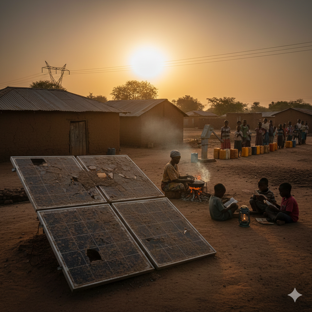 A documentary-style image of a broken solar panel and a wire-less power pylon at sunset, with a family in the background using kerosene and wood fire, symbolizing underinvestment in African energy.