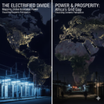 A composite magazine cover showing a satellite view of a brightly lit Europe and North America compared to a dark Africa, paired with ground-level images of a high-tech data center and a dimly lit urban street.